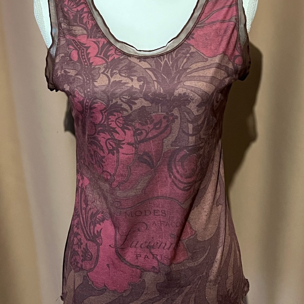 Vine Street Sleeveless Printed Sheer Tank Top - Burgundy